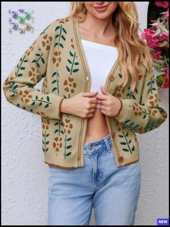 Floral Print V-Neck Cardigan Button Down Knit Sweater Loose Fit Long Sleeve - Picture 5 of 7